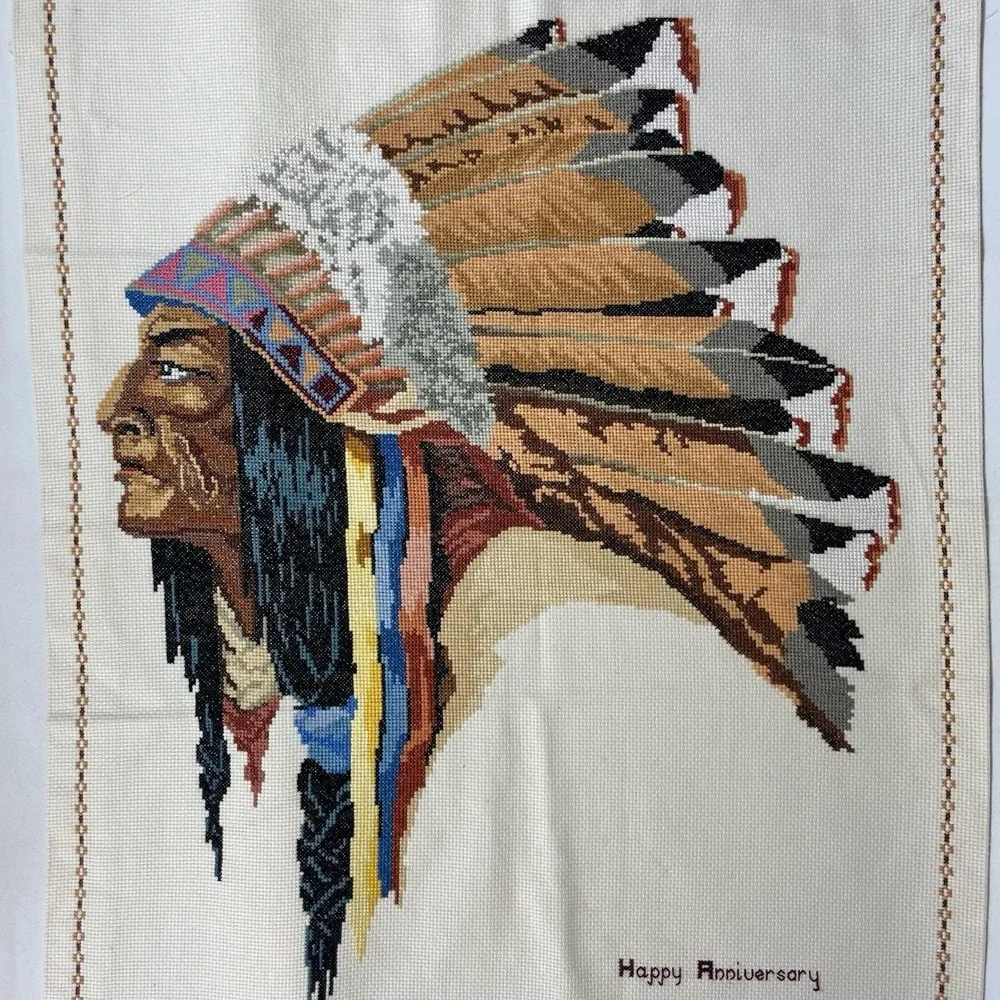 Vintage Needlepoint Chief Portrait Wall Art Textile Happy Anniversary